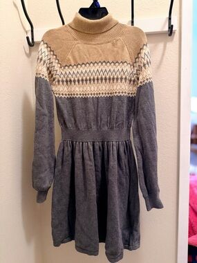Janie and Jack Fair Isle Turtleneck Dress - Tan, Cream, Gray